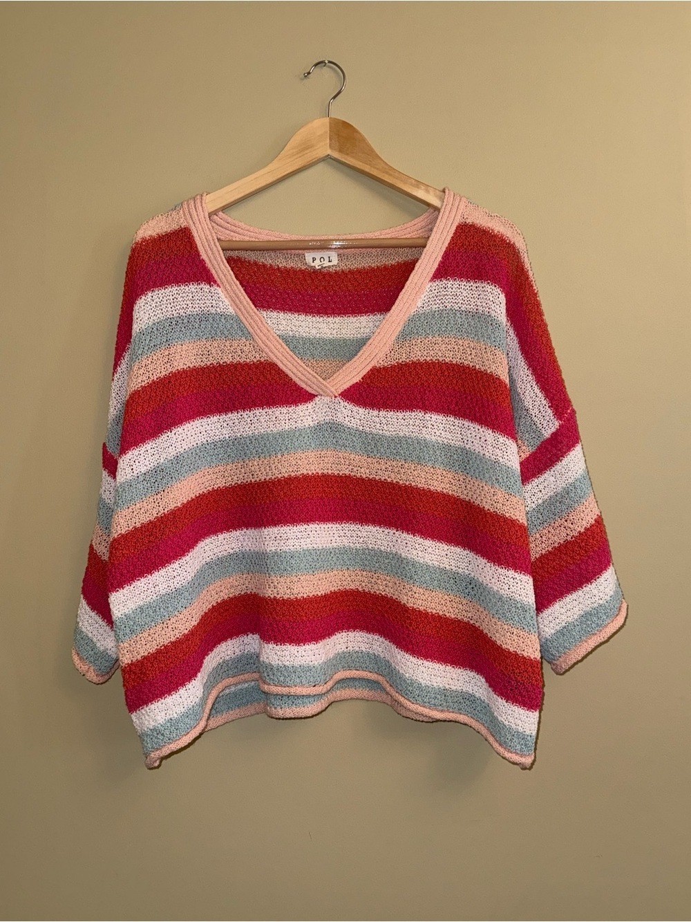 Pol Oversized Crochet Strip Multico 3/4 Sleeve Top Size S Beachy Vacation Chic